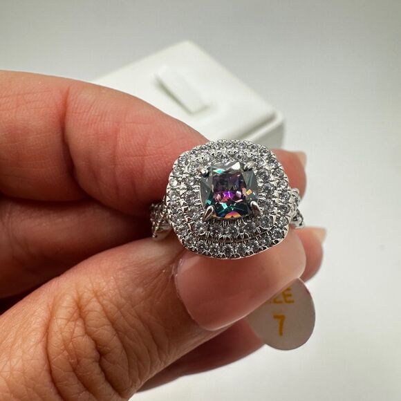 NWT Bomb Party, cushion cut "mystic topaz" ring w/ double halo of cz diamonds! - Picture 4 of 10